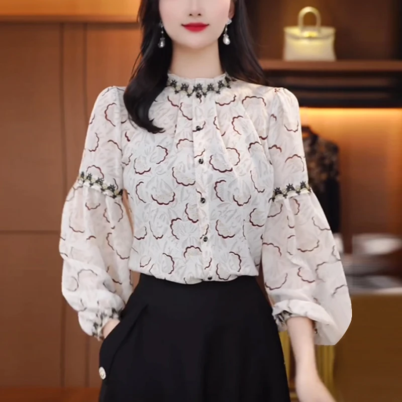 高端气质精致印花纯色半高领显瘦小衫设计感拼接花边百搭薄款衬衣