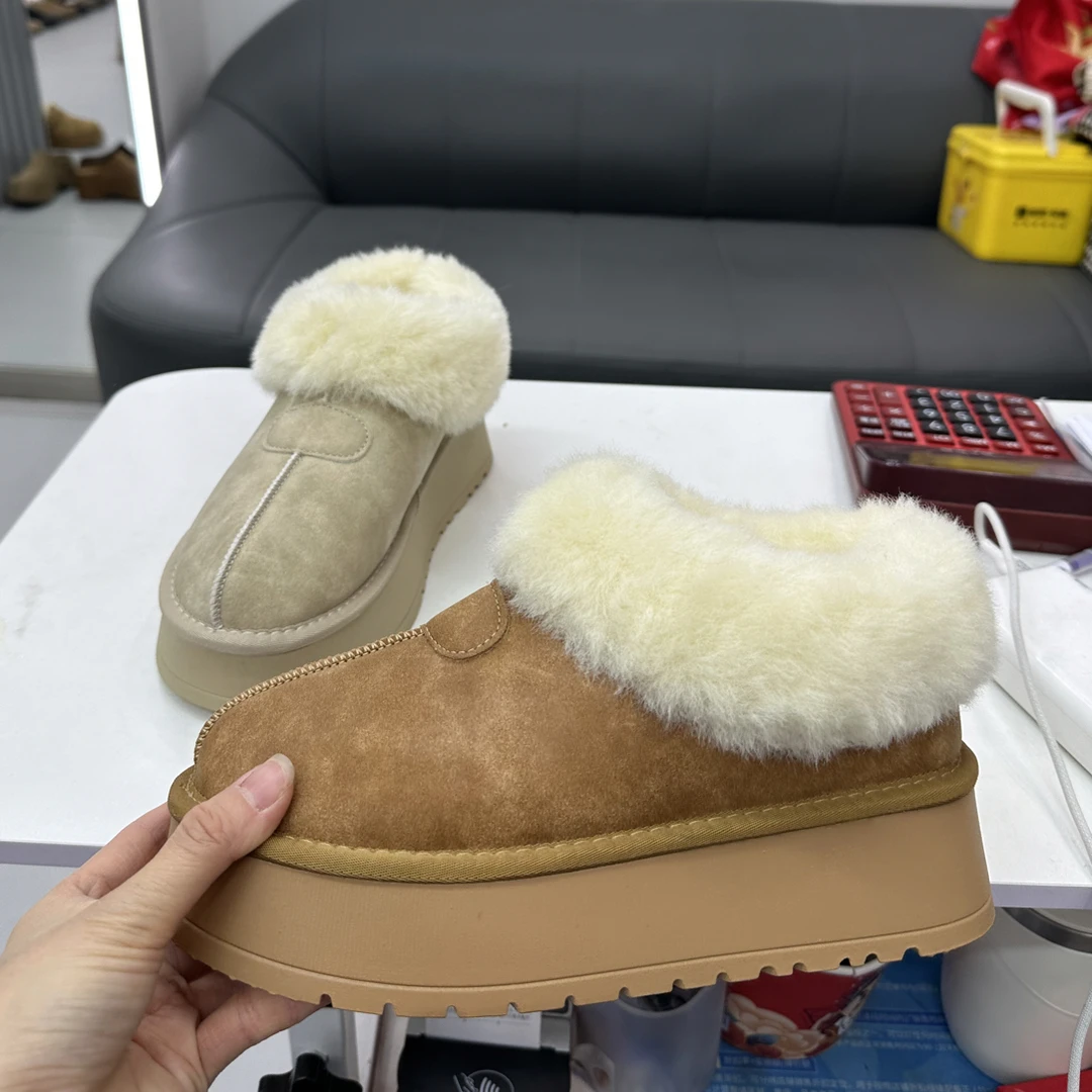 休闲风修面皮松糕跟包头拖毛毛鞋防滑冬季短筒