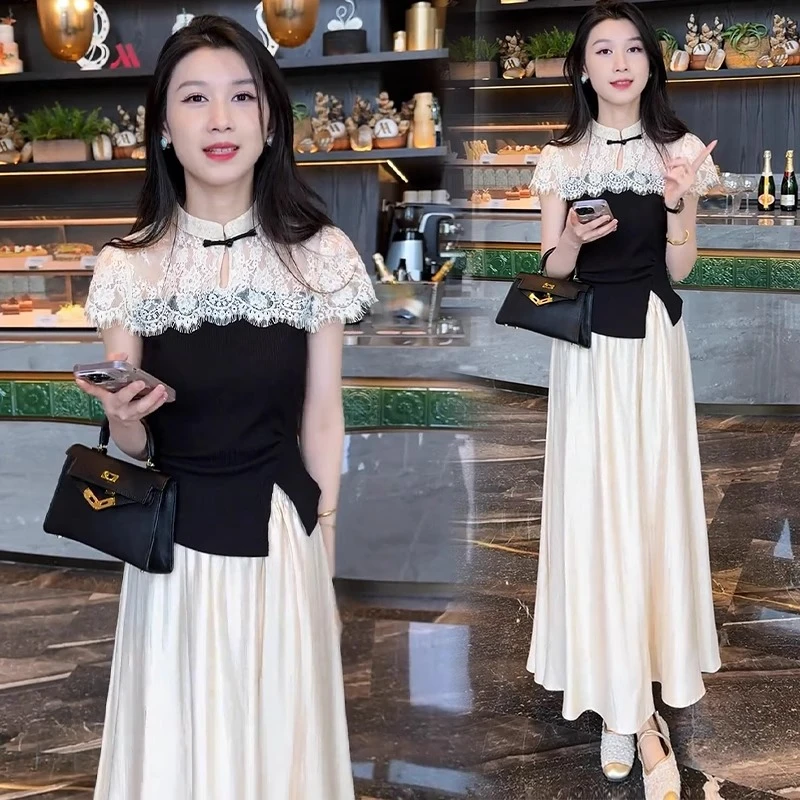 时尚新中式连衣裙女2025夏季新款洋气蕾丝拼接上衣半身裙两件套潮
