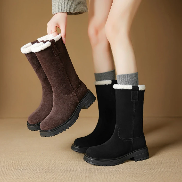 跟高4cm 英伦风复古百搭粗跟时装靴冬季简约风时尚保暖中筒骑士靴