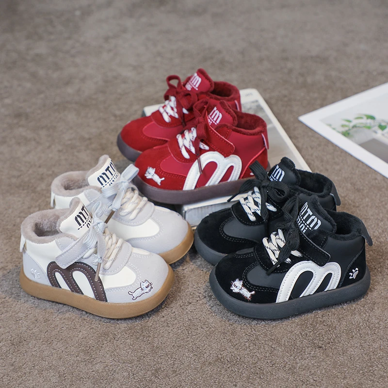 秋冬宝宝棉鞋男童加绒高邦运动鞋女童休闲鞋儿童皮面防水跑步鞋子