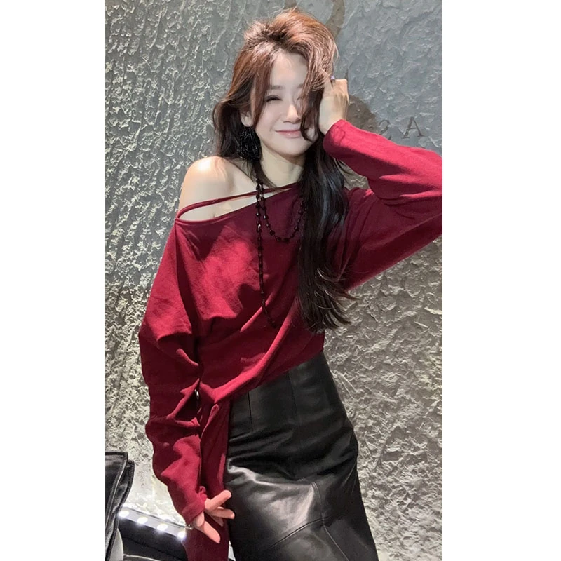 轻熟风欧货2025冬季新款气质小众设计感性感一字领系带复古T恤女