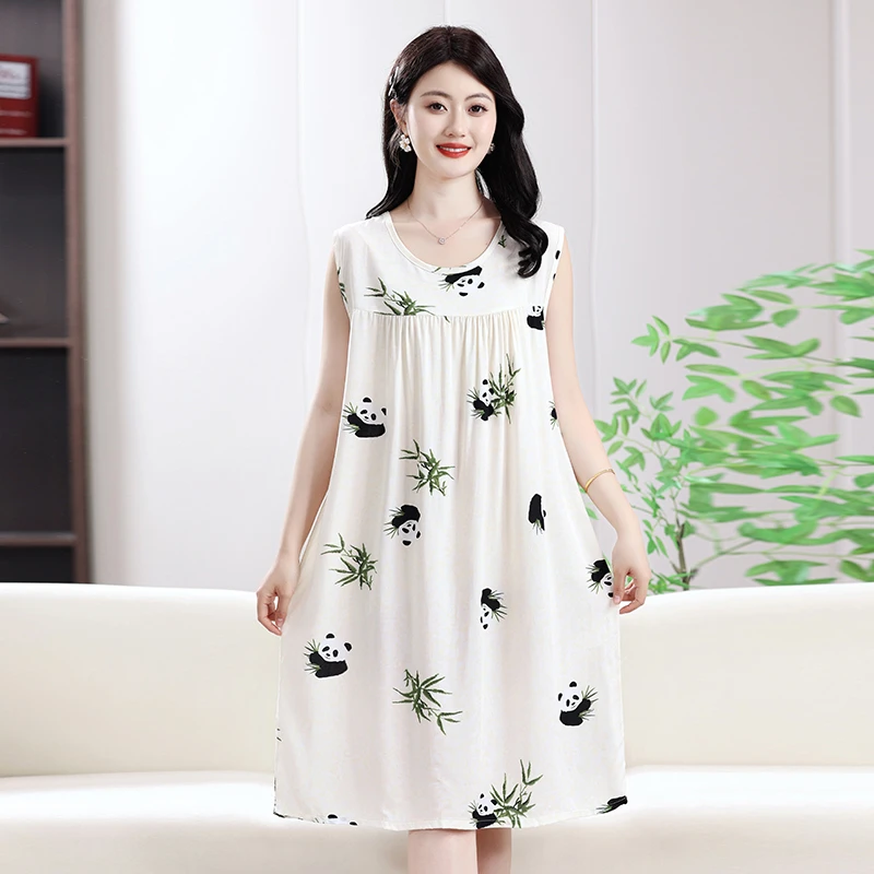 棉绸睡裙女夏季薄款睡衣人造棉宽松大码家居服简约可爱碎花连衣裙