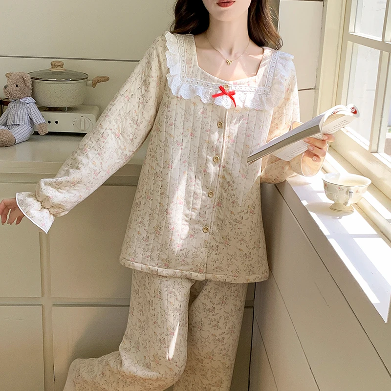 甜美可外穿荷叶边睡衣女秋冬季新款保暖棉夹层长袖开衫套装家居服