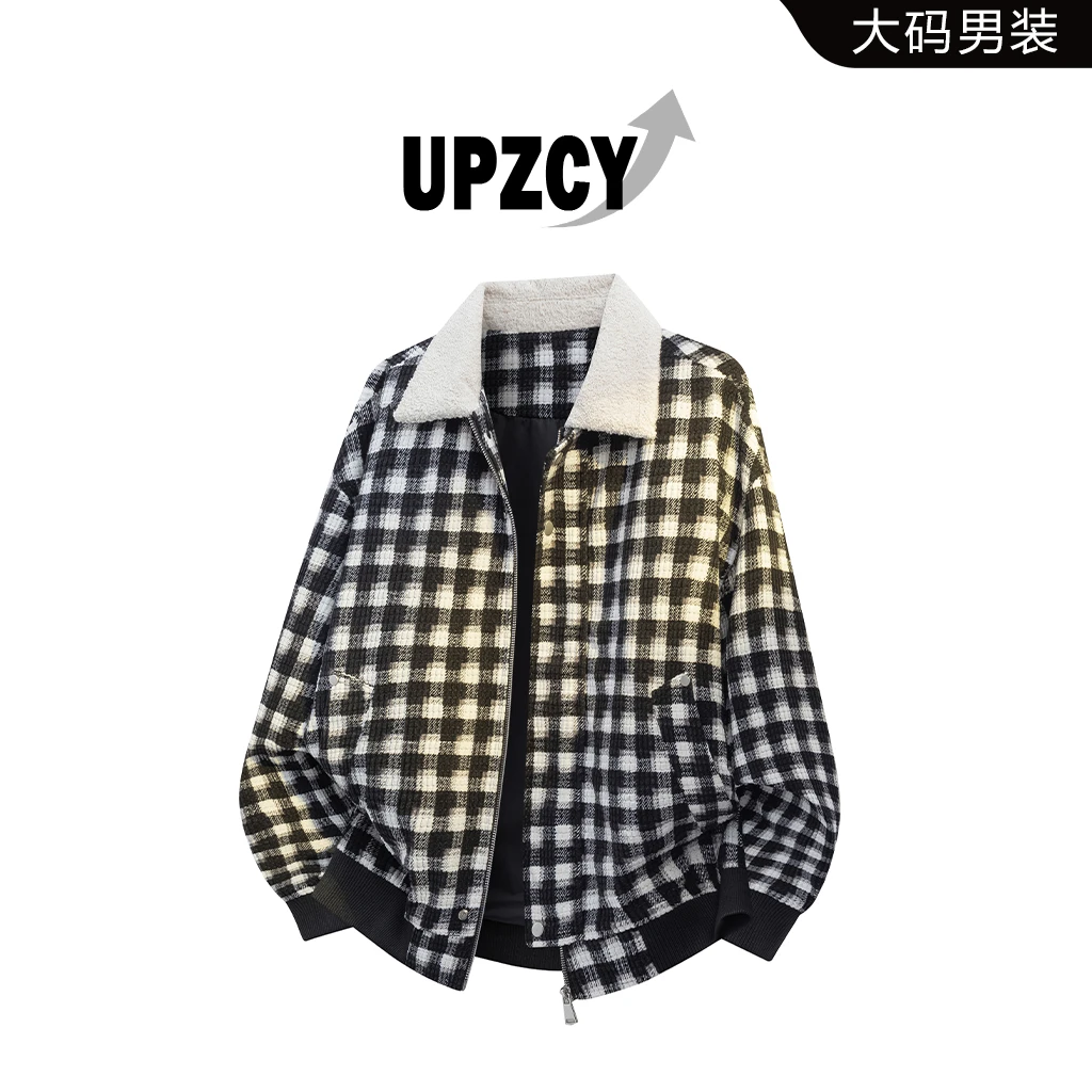 UPZCY秋季大码格纹夹克外套男士小香风宽松休闲百搭翻领上衣外套