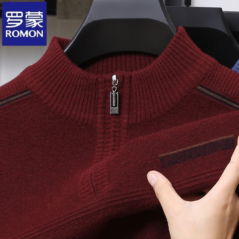 罗蒙时尚半高拉链领加厚针织衫秋冬季中年红色本命年打底衫毛衣潮