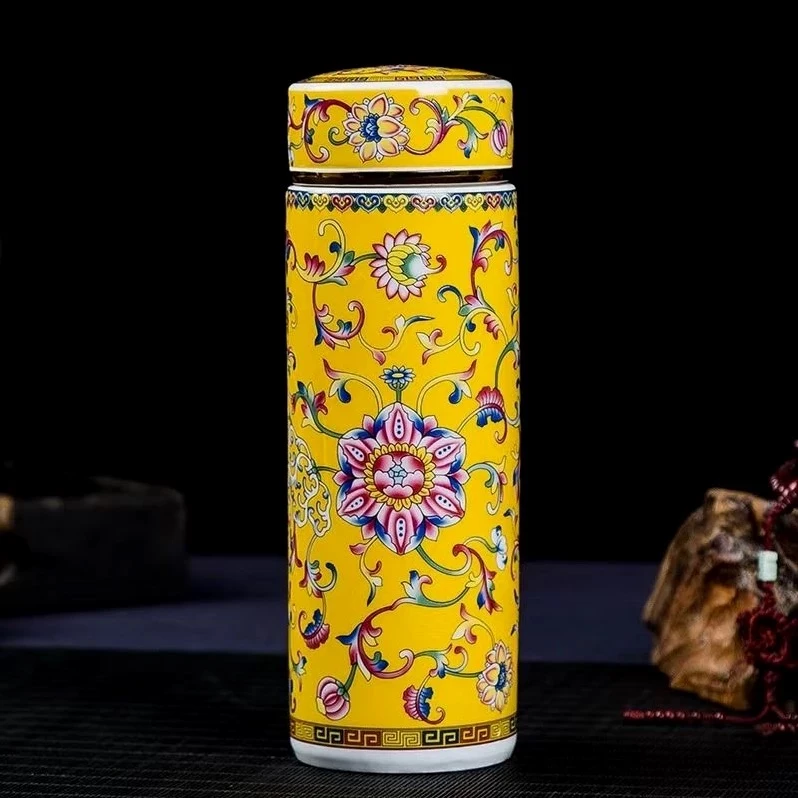 【袁氏瓷业】景德镇双层内胆高端定制珐琅彩缠枝莲养生杯