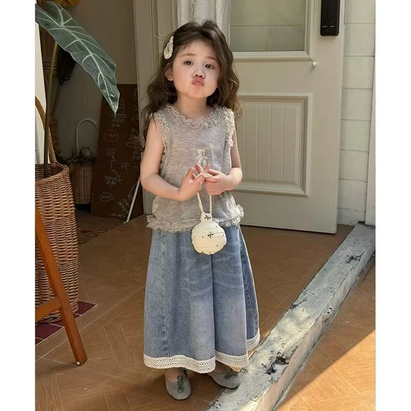 童装2025春夏新款女童小童小熊花边背心牛仔阔腿裤长裤洋气套装潮