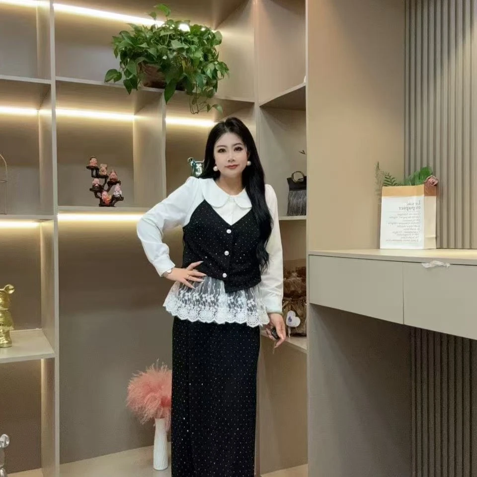 秋季上衣-檬 9356时尚潮流亮闪马甲拼接洋气款胖MM大码女装新款