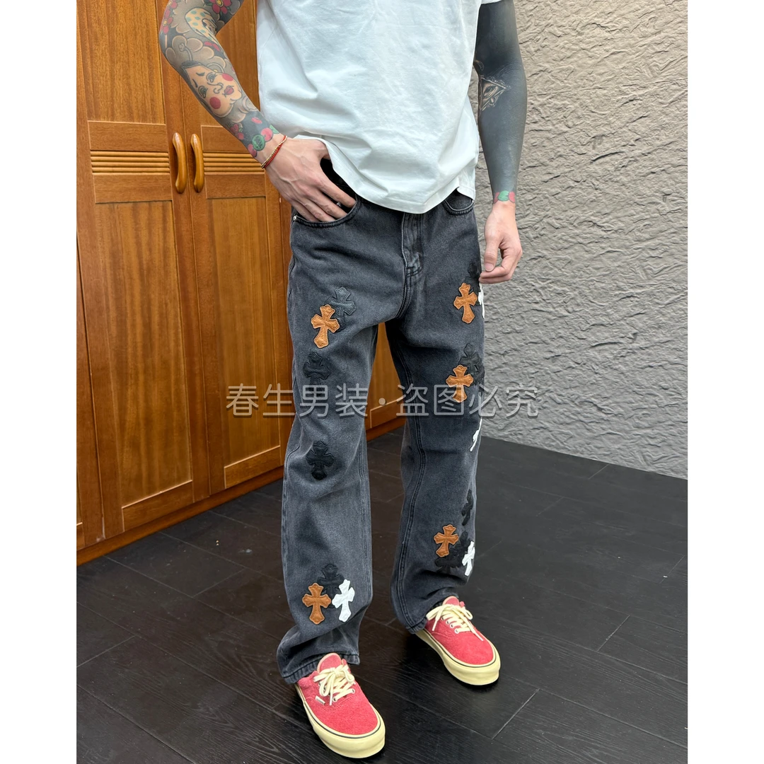 2025秋冬新款时尚休闲重工贴皮男士直筒牛仔裤5005