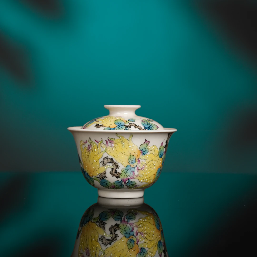 雅圣粉彩佛手盖碗 景德镇手工手绘分茶器窑口精品高端陶瓷茶器