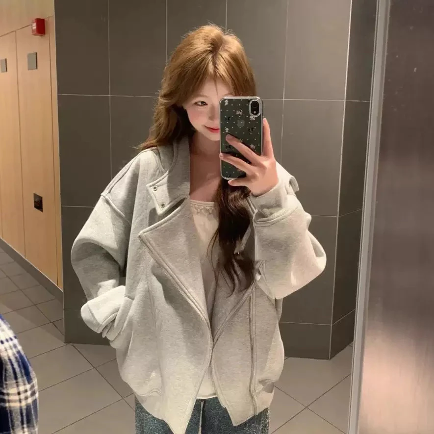 美式高街设计感双拉链开衫秋冬新款高级百搭通勤慵懒斜拉链外套女
