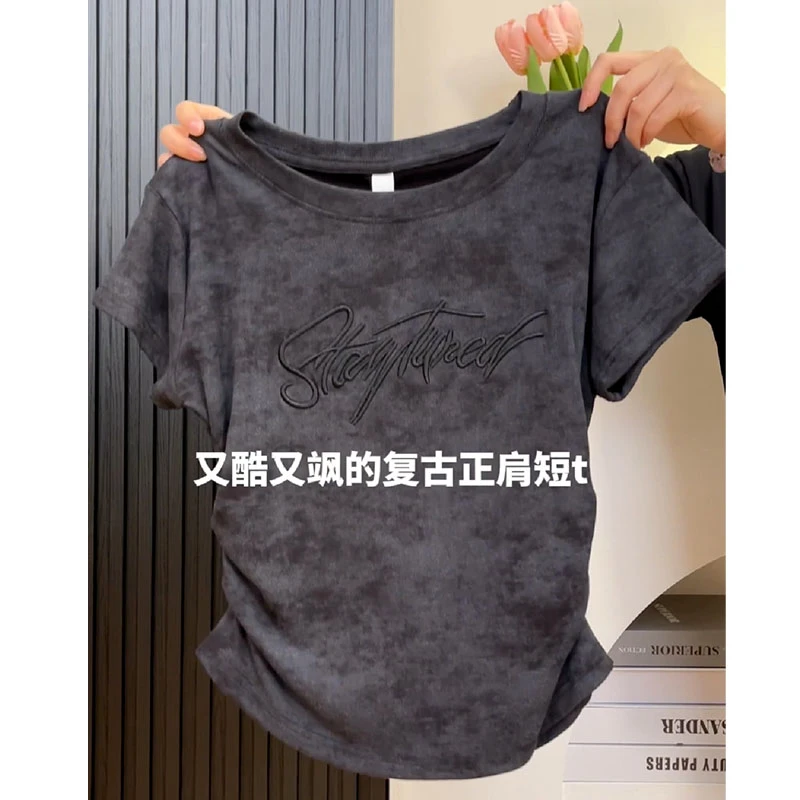 大码胖mm200斤原创潮牌扎染圆领正肩短袖t恤女夏季掐腰遮肚上衣潮