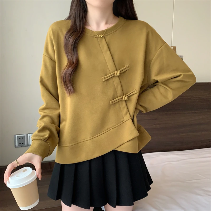 2024新款秋季新中式复古长袖卫衣大码女装胖mm宽松显瘦不规则上衣