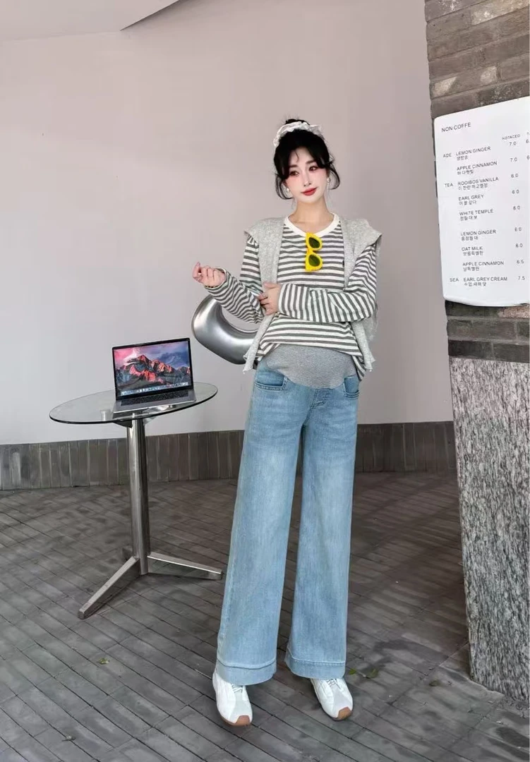 69802孕妇牛仔裤夏春秋托腹宽松直筒休闲裤外穿秋装九分裤小个子