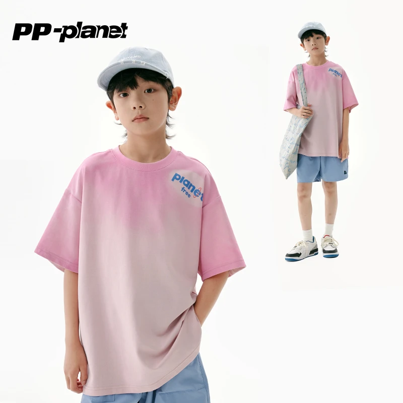 PP星球男童【清透雅纱棉】时髦喷绘粉色夏款短袖T恤儿童休闲t体恤