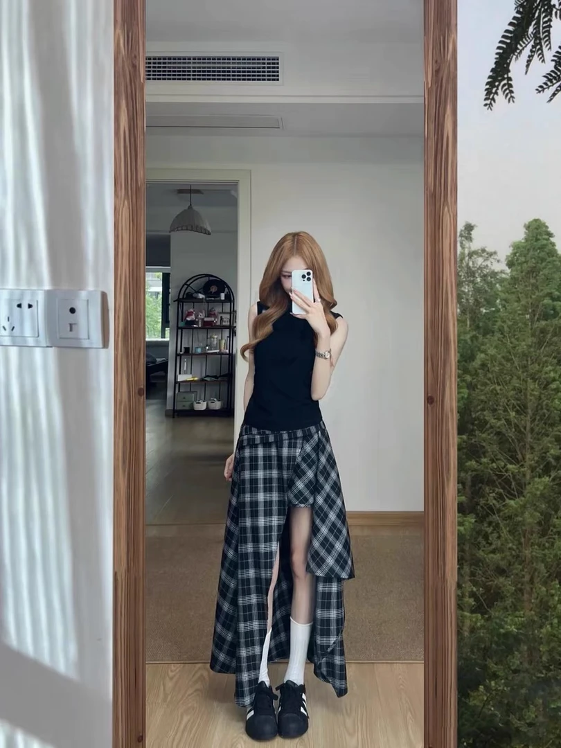 黑白格纹不规则半身裙夏季背心格纹小个子设计感高腰显瘦长裙套装