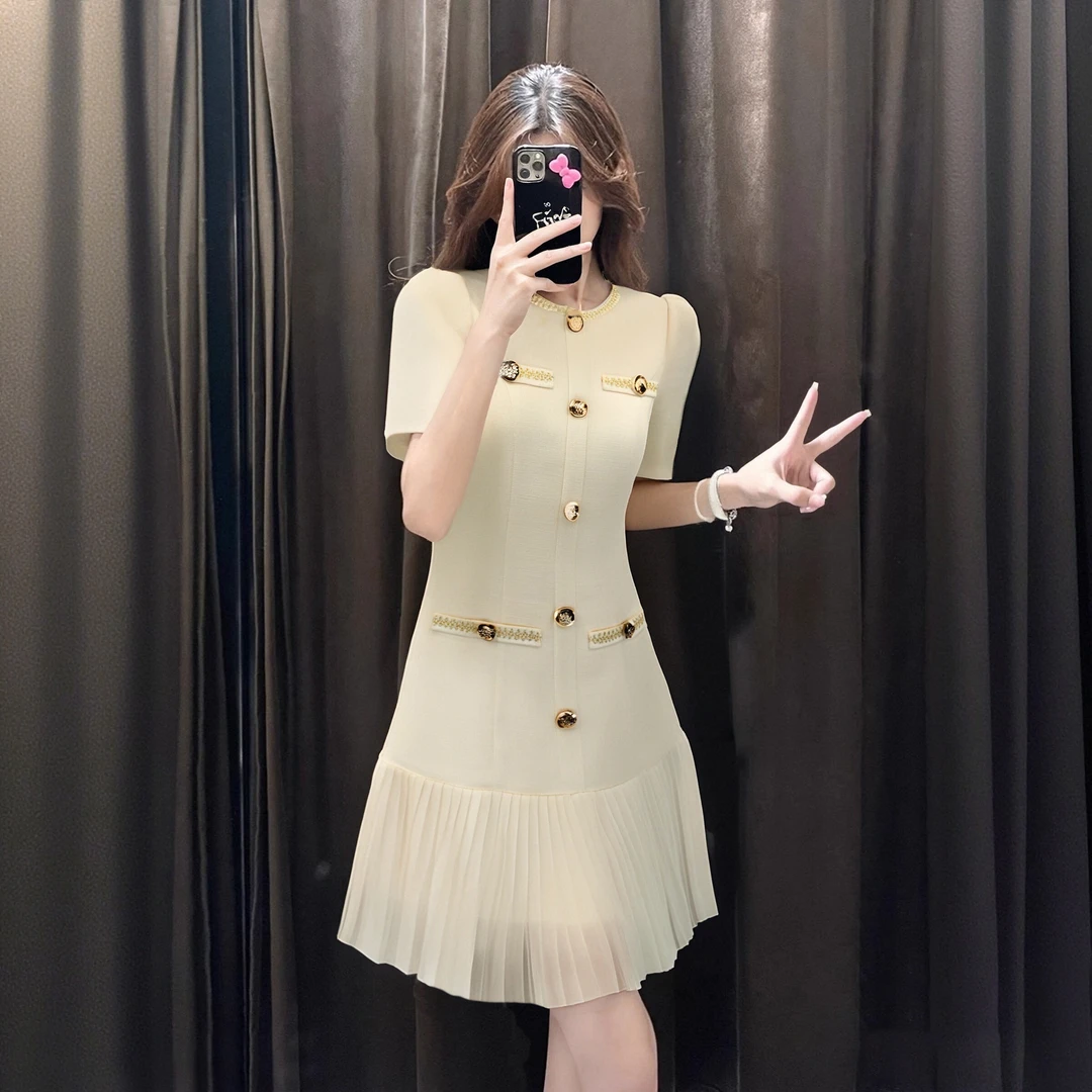 B【有里布】法式连衣裙女夏富家千金感轻奢气质收腰设计百褶裙D1581