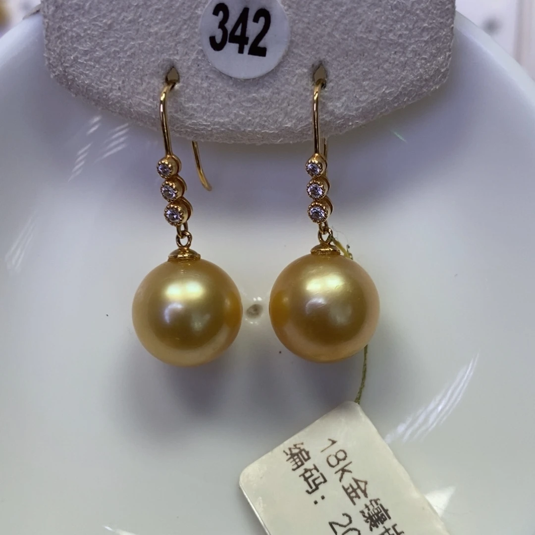 海水珍珠18K金镶嵌耳饰浓金正圆无瑕强光11-12mm