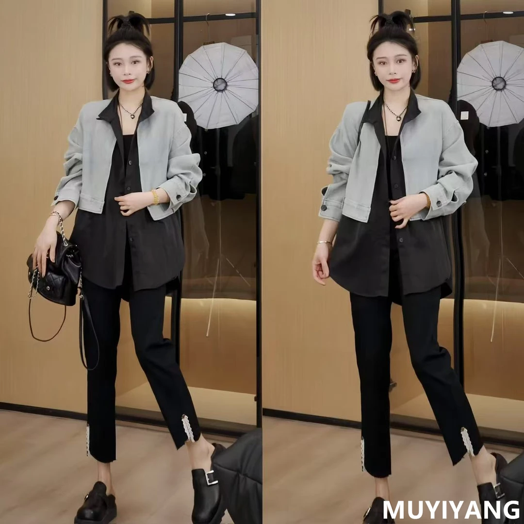 【与肩】小众拼接衬衣假两件高定版牛仔外套 衣长80 25-040#