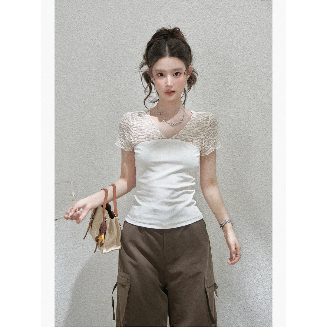 【谢不肉】蕾丝拼接白色短袖T恤休闲百搭显瘦收腰修身上衣5897
