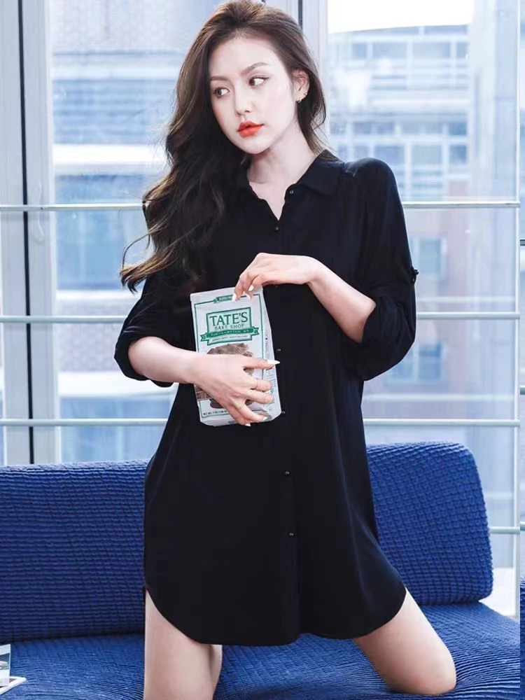 休闲翻领黑色衬衫女莫代尔棉2025早春新款衬衣欧洲大码上衣