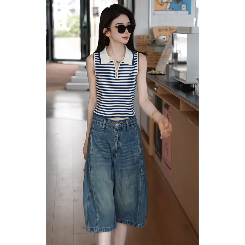 条纹翻领无袖针织衫上衣高腰设计感牛仔中裤夏季显瘦穿搭两件套装