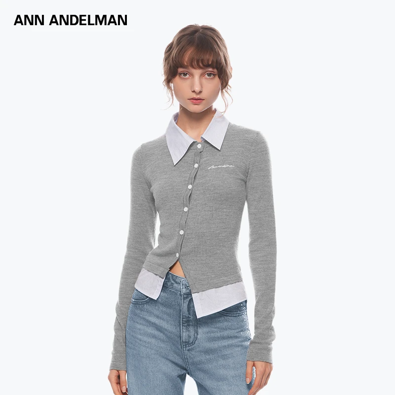 ANN ANDELMAN【潘珺雅同款】时尚设计POLO衬衫拼接假两件毛织衫