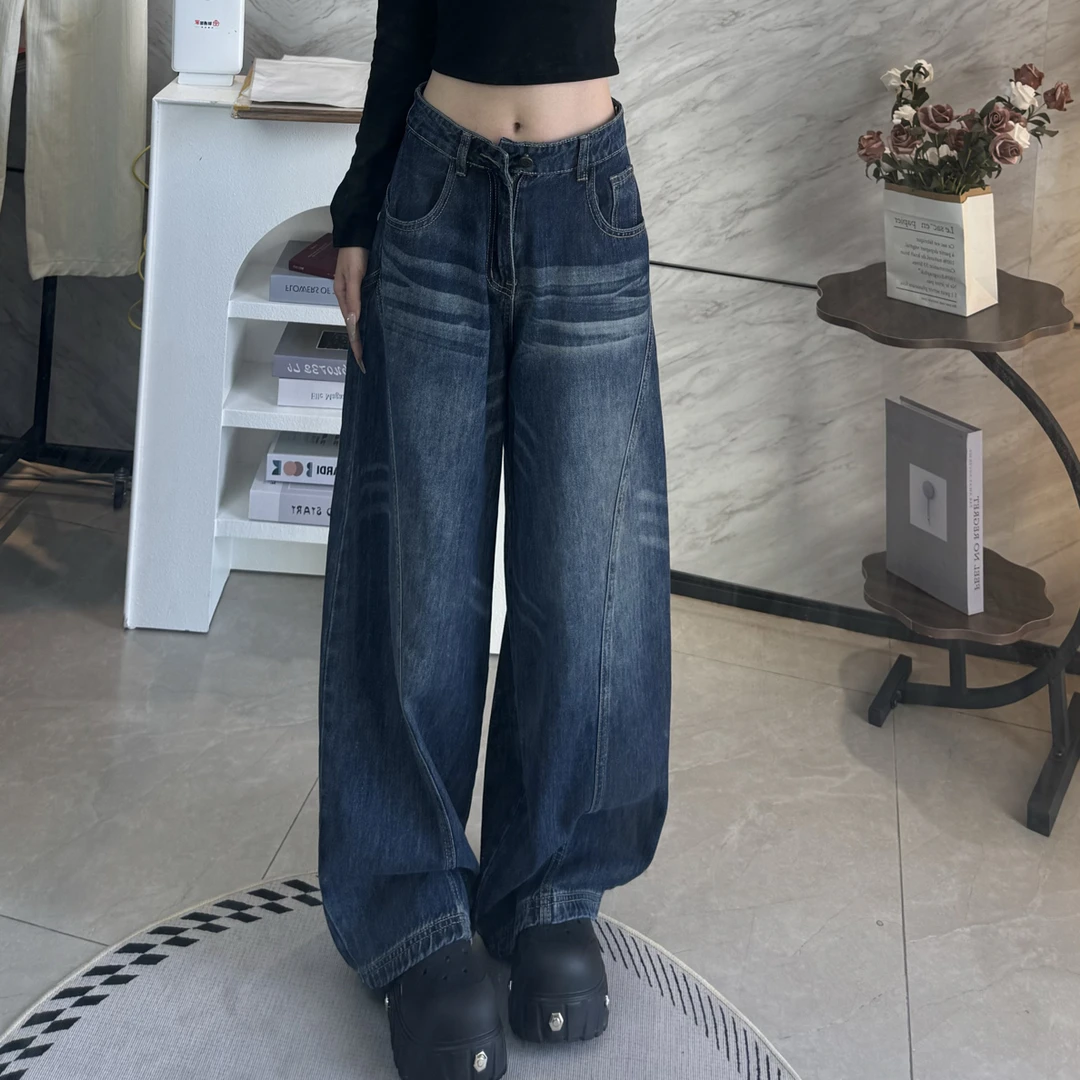 美式高街立体裁剪廓形高腰百搭水洗弯刀牛仔裤拖地裤女士新款裤子