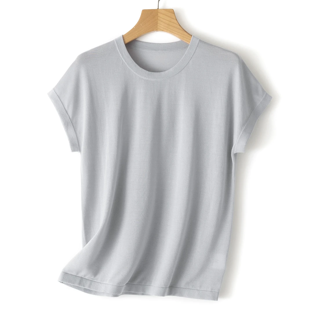 桑蚕丝·莱赛尔丨丝滑感简约圆领连肩袖舒适针织T恤-MY6033