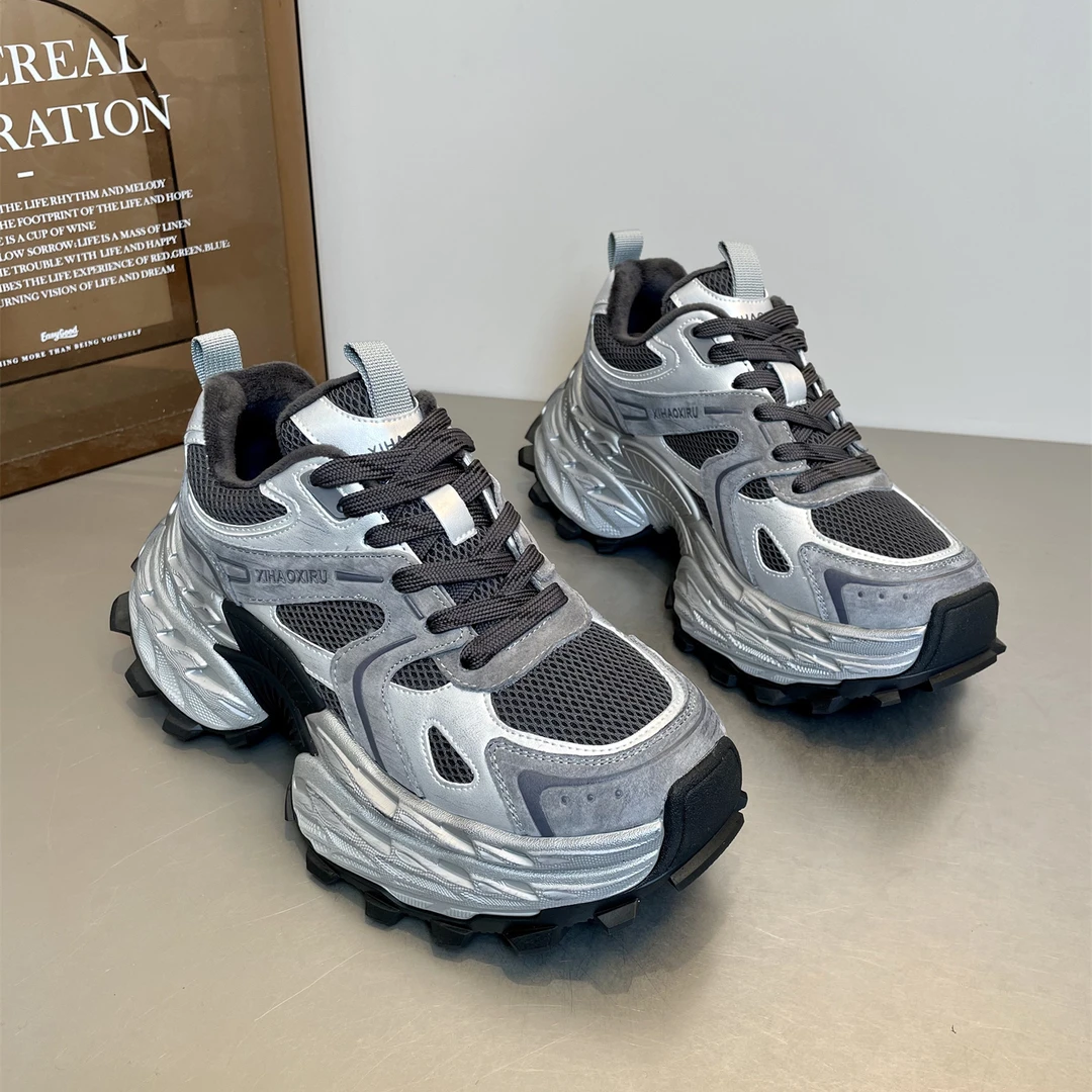 欧洲站欧货潮高级感灰色老爹鞋女加绒保暖2025冬季新款运动休闲鞋