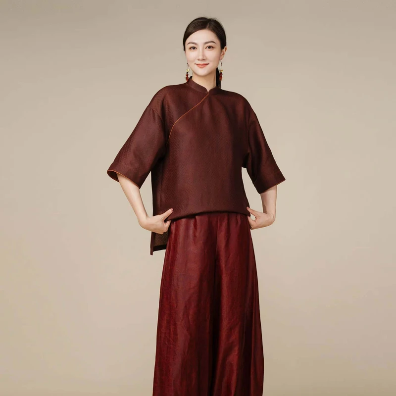 【栖香锦】“米粒纹” 红云纱绞罗 设计师款 新中式 国风 短袖上衣