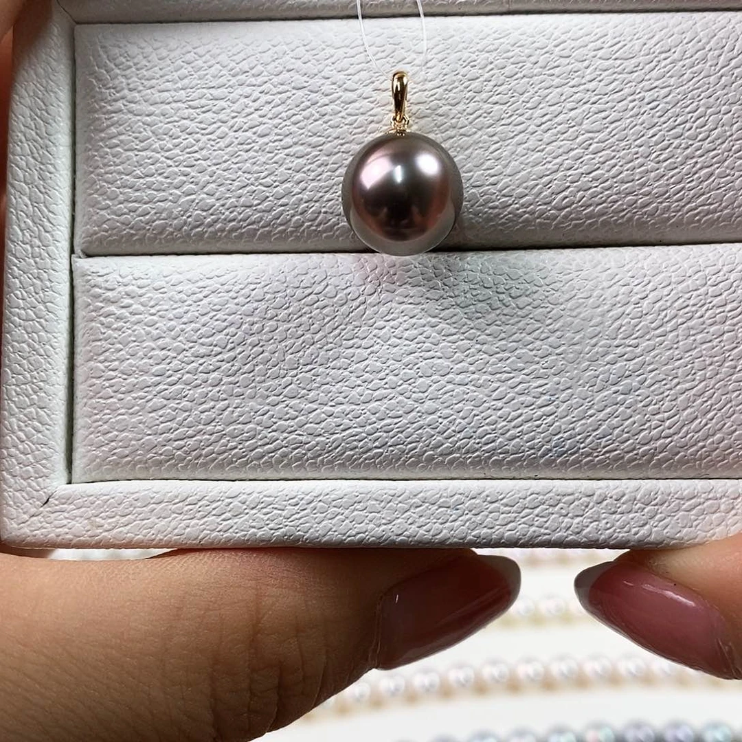 海水珍珠吊坠(不含链)18K金镶嵌10-11mm大溪地黑珍珠吊坠（无暇）