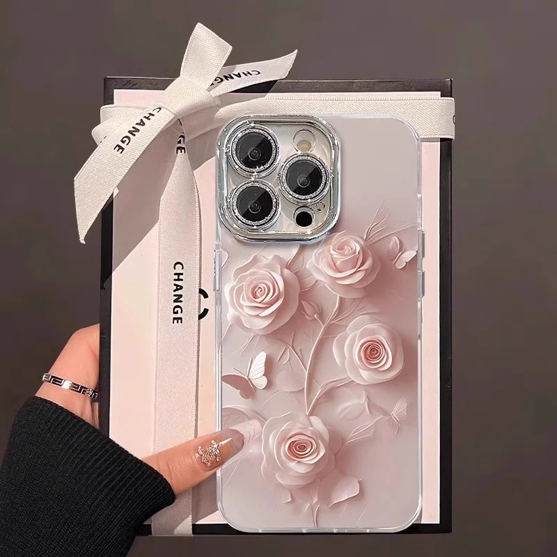 适用苹果16promax手机壳新款奶油玫瑰花iphone15pro闪粉镜头膜14p