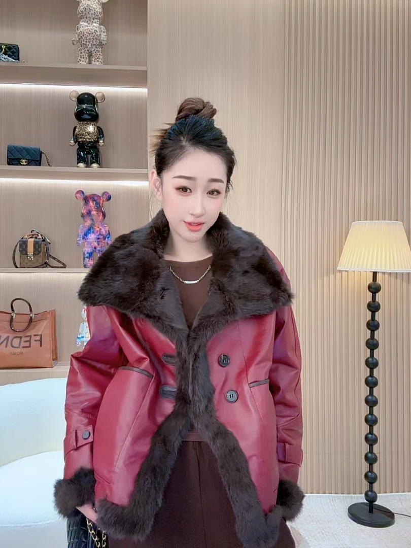 【若楠服饰】设计师潮红时髦休闲两面穿皮衣外套-25888