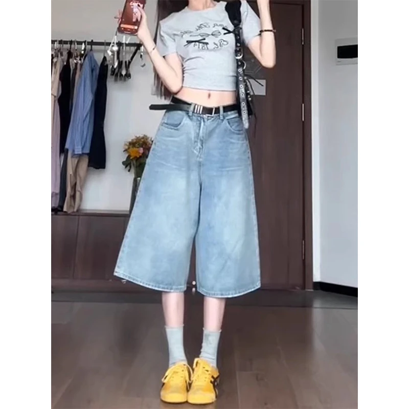 美式高街水洗浅色七分牛仔中裤女夏季新款宽松阔腿显瘦直筒短裤子