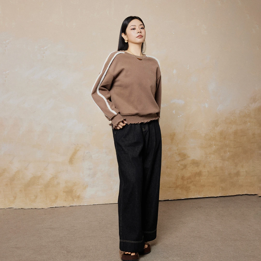 【折扣款】PLUSMALL 爵士黑咖 磨毛牛仔明线直筒牛仔裤PM2410081