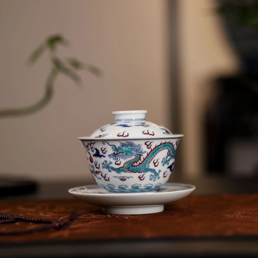 涂杏花 | 斗彩双龙戏珠三才盖碗 | 景德镇陶瓷