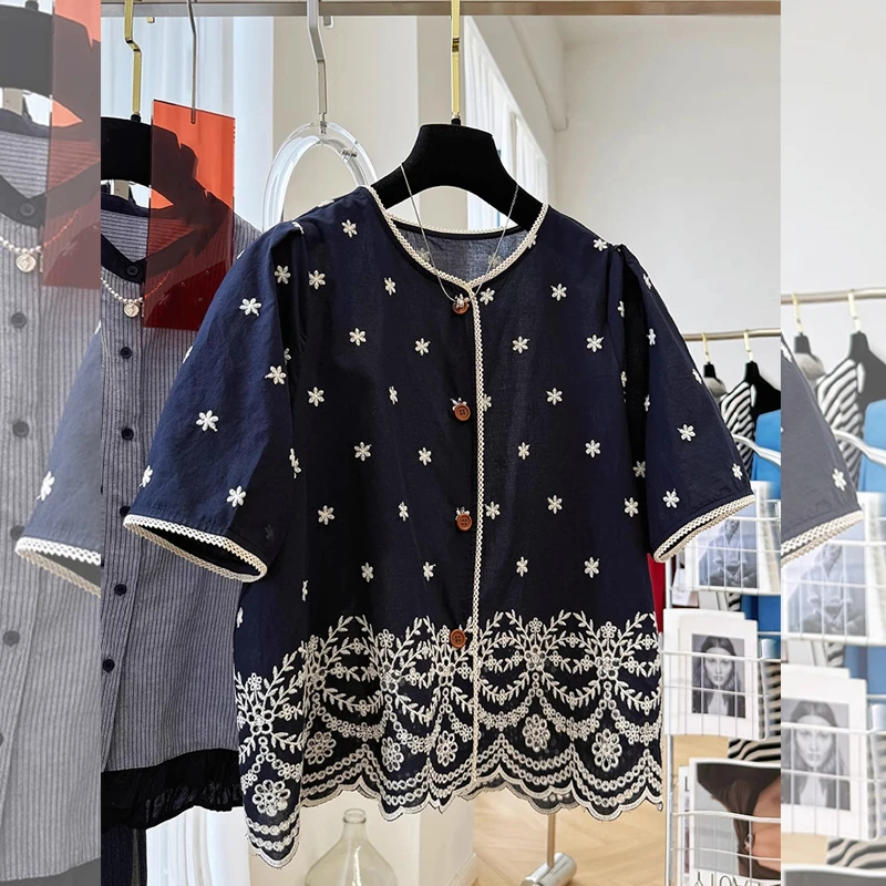 夏季新款雪花韩系小香风刺绣花边衬衫女士宽松上衣大码高级感星星