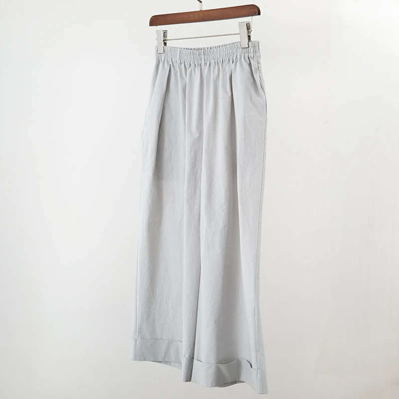 高端面料冷灰色折边九分阔腿裤高支水洗长绒棉汉麻混纺休闲裤夏季