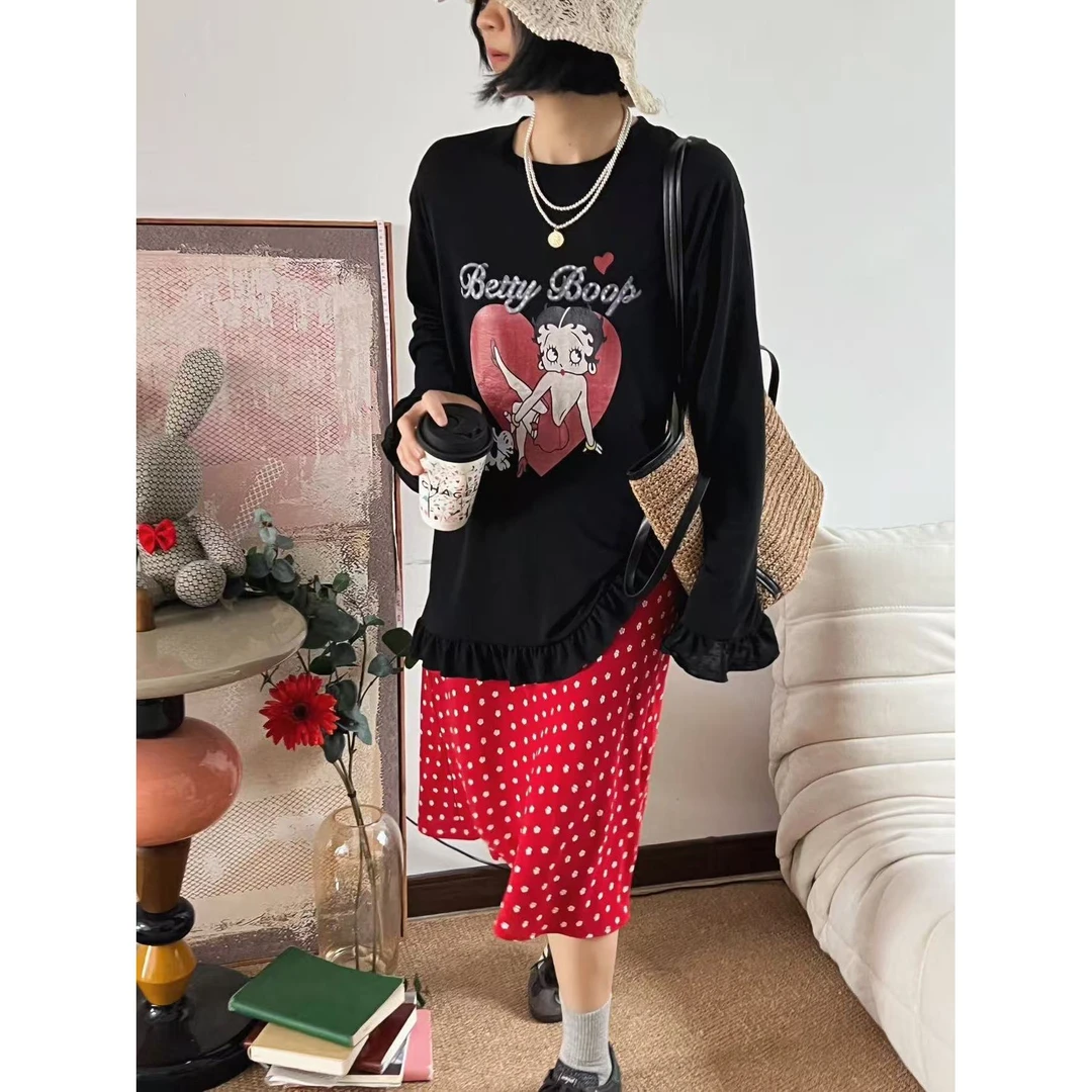 2025潮流新款东大门气质百搭圆领长袖卡通印花韩版时尚宽松T恤女