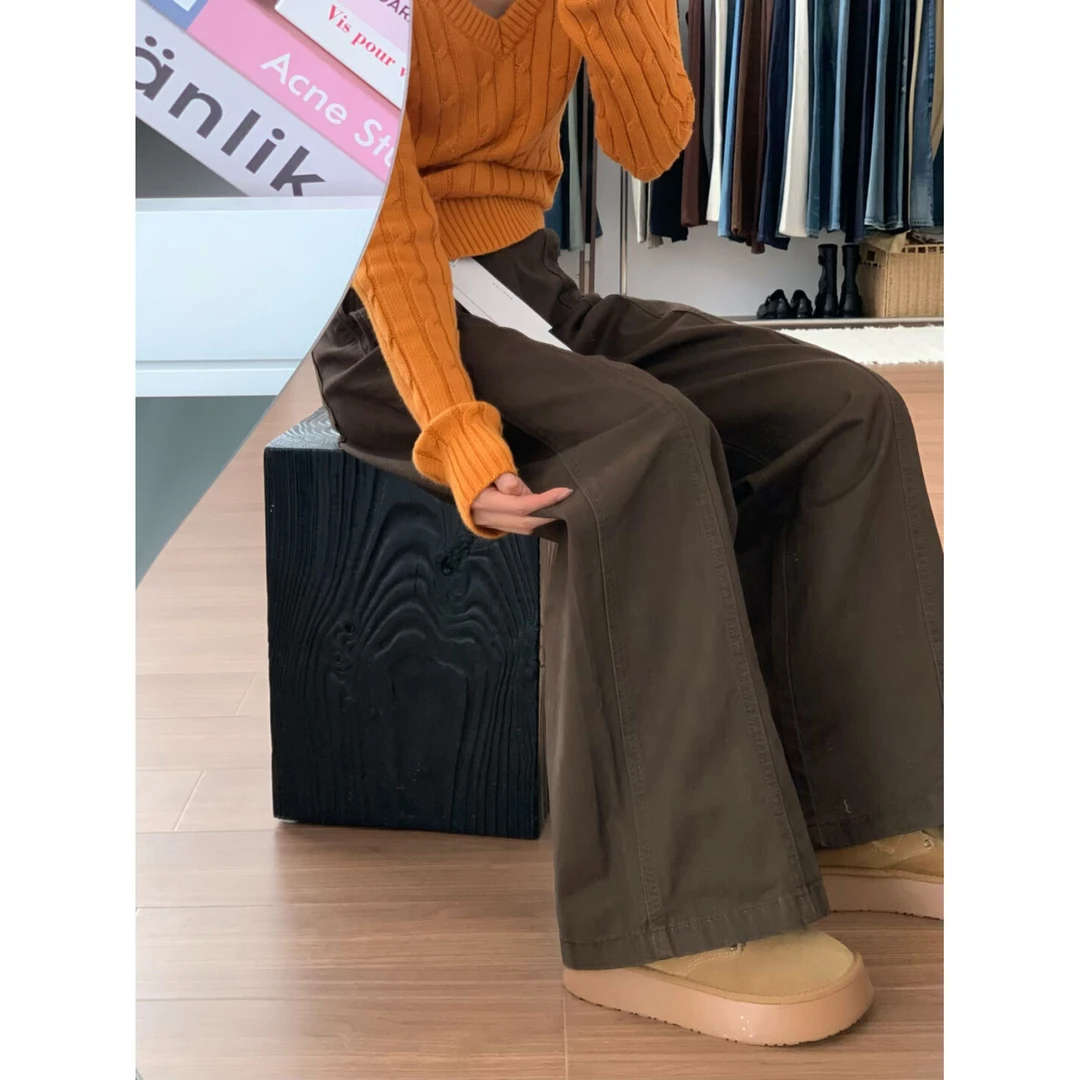 美拉德咖色显瘦阔腿牛仔裤女秋冬设计感复古高腰宽松梧桐直筒长裤