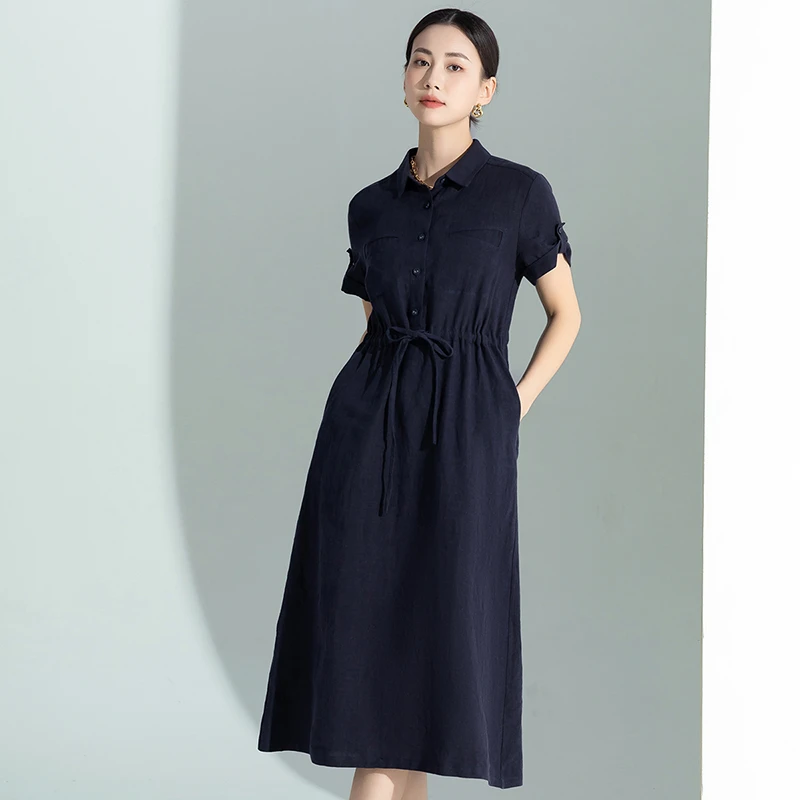 65027夏季亚麻连衣裙女收腰显瘦气质短袖中长款藏蓝色衬衫A字裙子