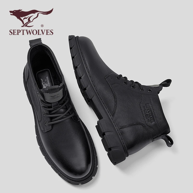 七匹狼新款头层牛皮高帮鞋潮流时尚百搭马丁靴增高厚底高帮工装鞋
