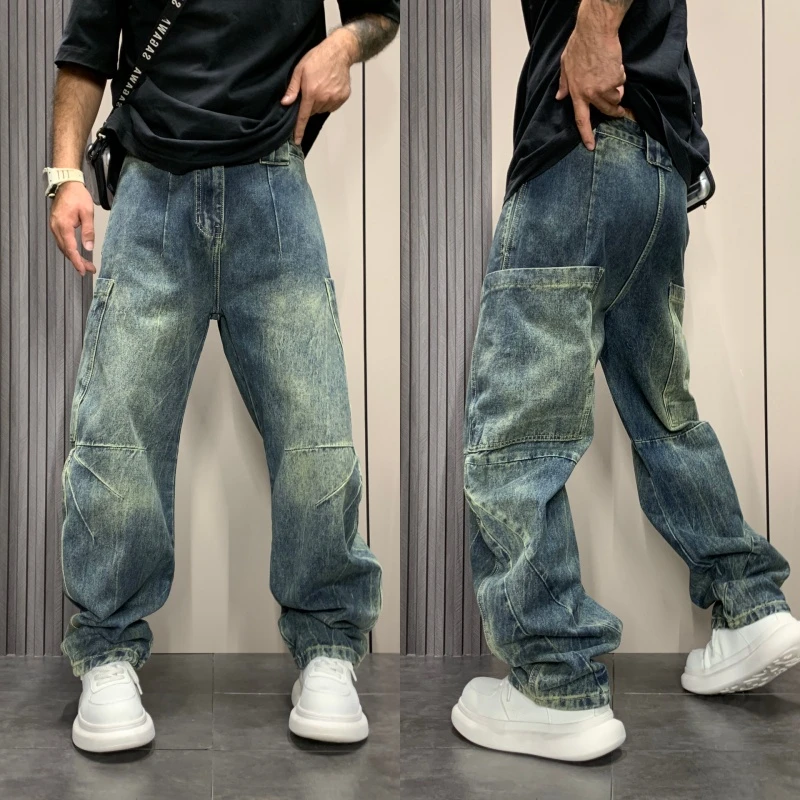 2025秋季男士宽松休闲裤渐变潮流复古大口袋新款百搭弯刀牛仔裤男