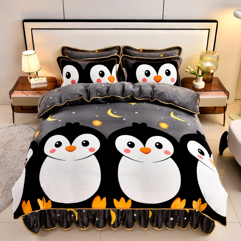 牛奶绒韩版四件套A类秋冬保暖加厚床上用品床裙式套件法莱绒被套