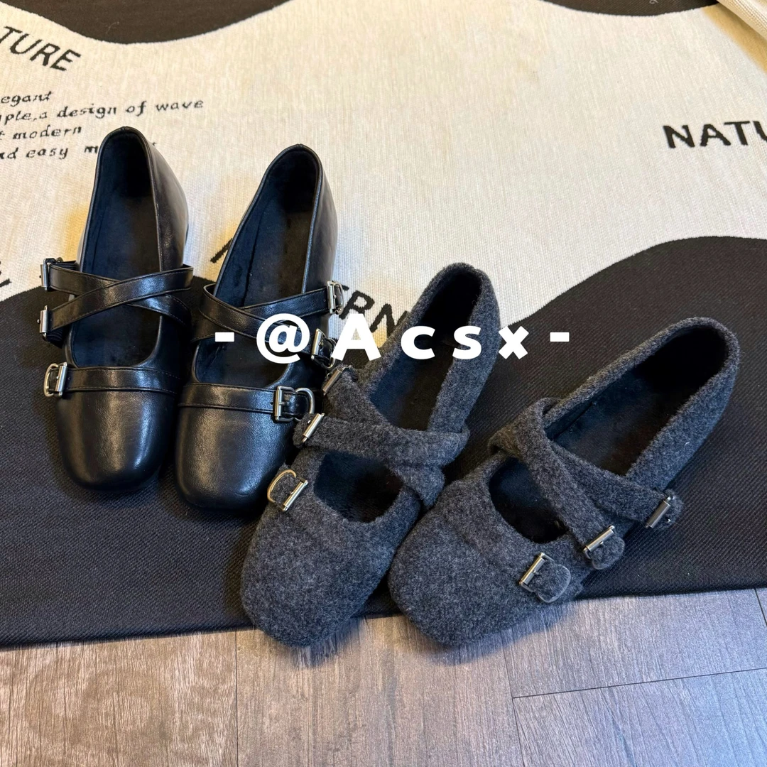 【阿茶】首尔初雪~跟高4CM /2025秋冬新款加绒加厚韩版芭蕾鞋单鞋女