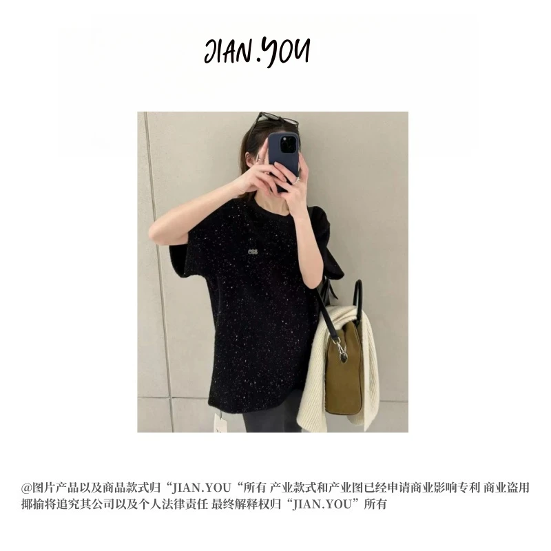 JIANYOU-「星河璀璨」2025早春新款女款满天星烫钻短袖T恤X-3989