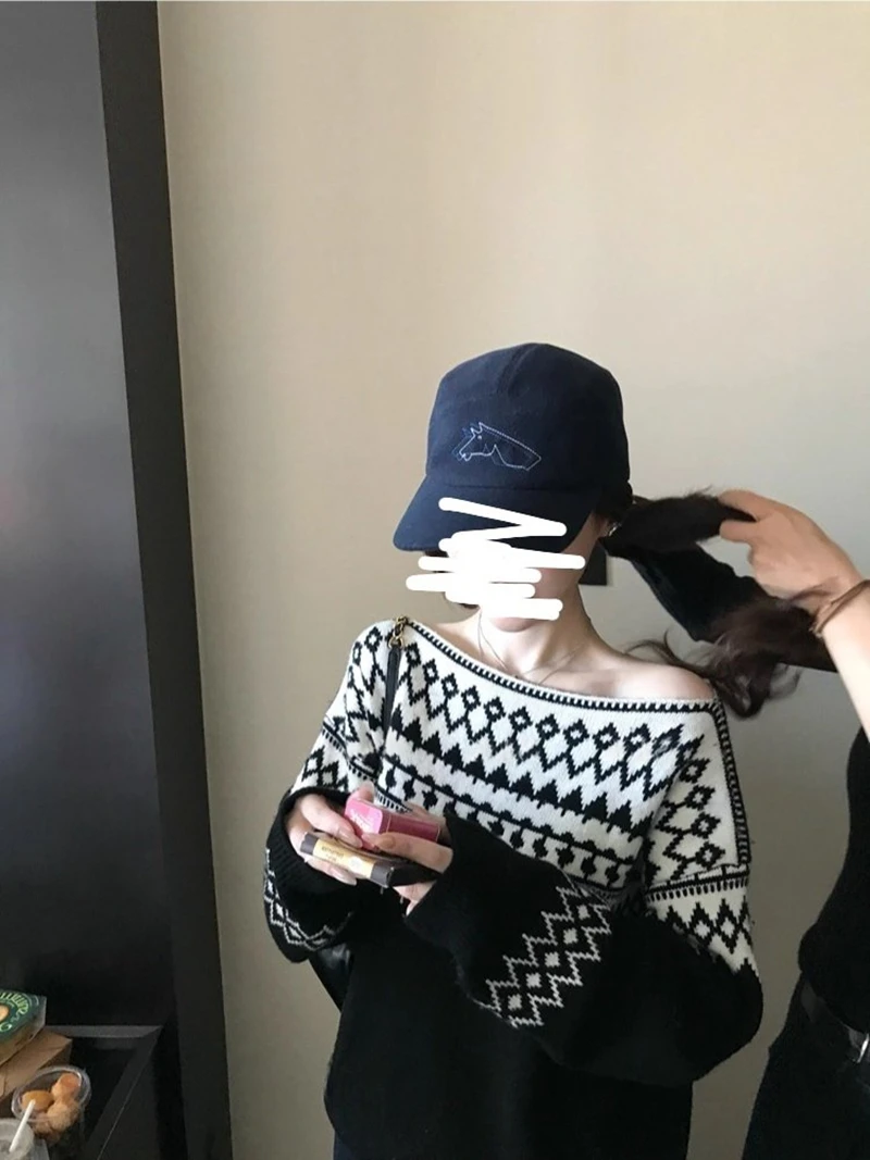 费尔岛撞色提花毛衣女秋冬新款慵懒风宽松显瘦百搭外穿针织衫上衣