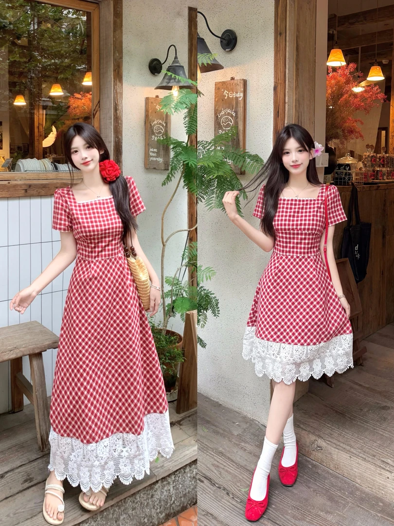 D070#夏款法式方领大码连衣裙A字裙摆拼接腰带轻薄连衣裙大码女装